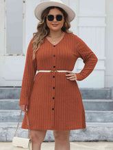 Load image into Gallery viewer, Plus Size Ribbed Buttoned V-Neck Long Sleeve Dress