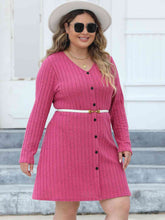 Load image into Gallery viewer, Plus Size Ribbed Buttoned V-Neck Long Sleeve Dress