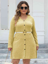 Load image into Gallery viewer, Plus Size Ribbed Buttoned V-Neck Long Sleeve Dress